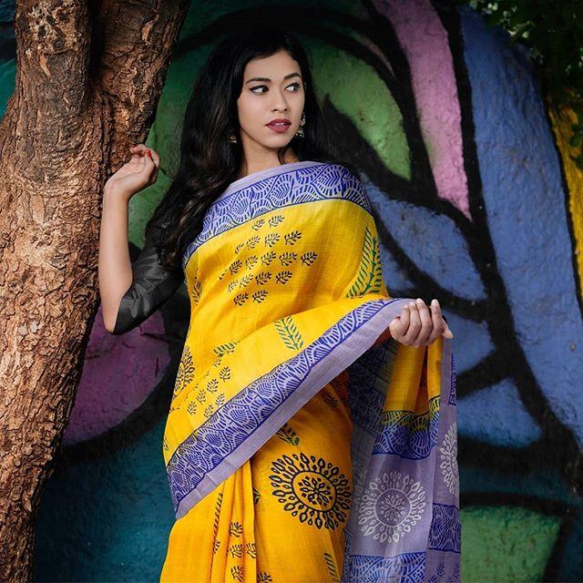 Trendy Yellow Colored Festive Printed Pure Linen Saree - Ibis Fab