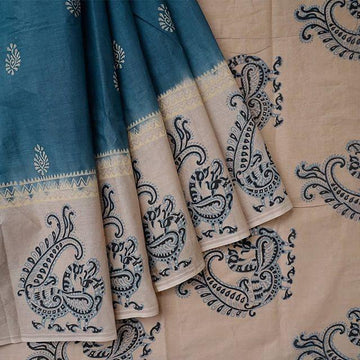 Innovative  Cream & Blue  Colored  Festive Printed  Pure Linen Saree