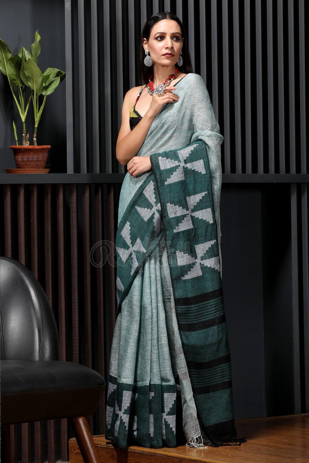 Engrossing Light blue Colored Festive Printed Pure Linen Saree - Ibis Fab