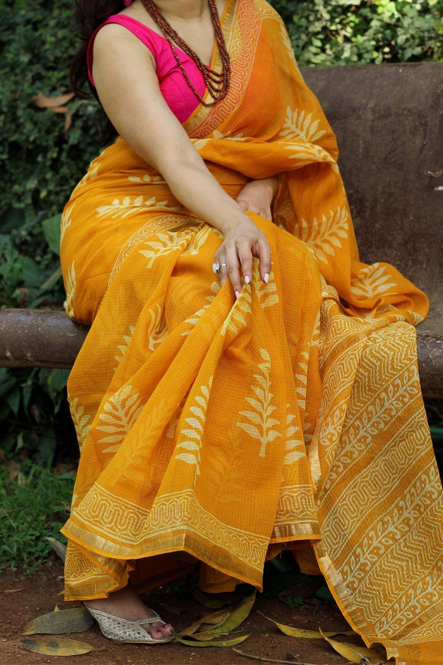 Pure linen saree in Yellow, mesmerising printed wear - Ibis Fab