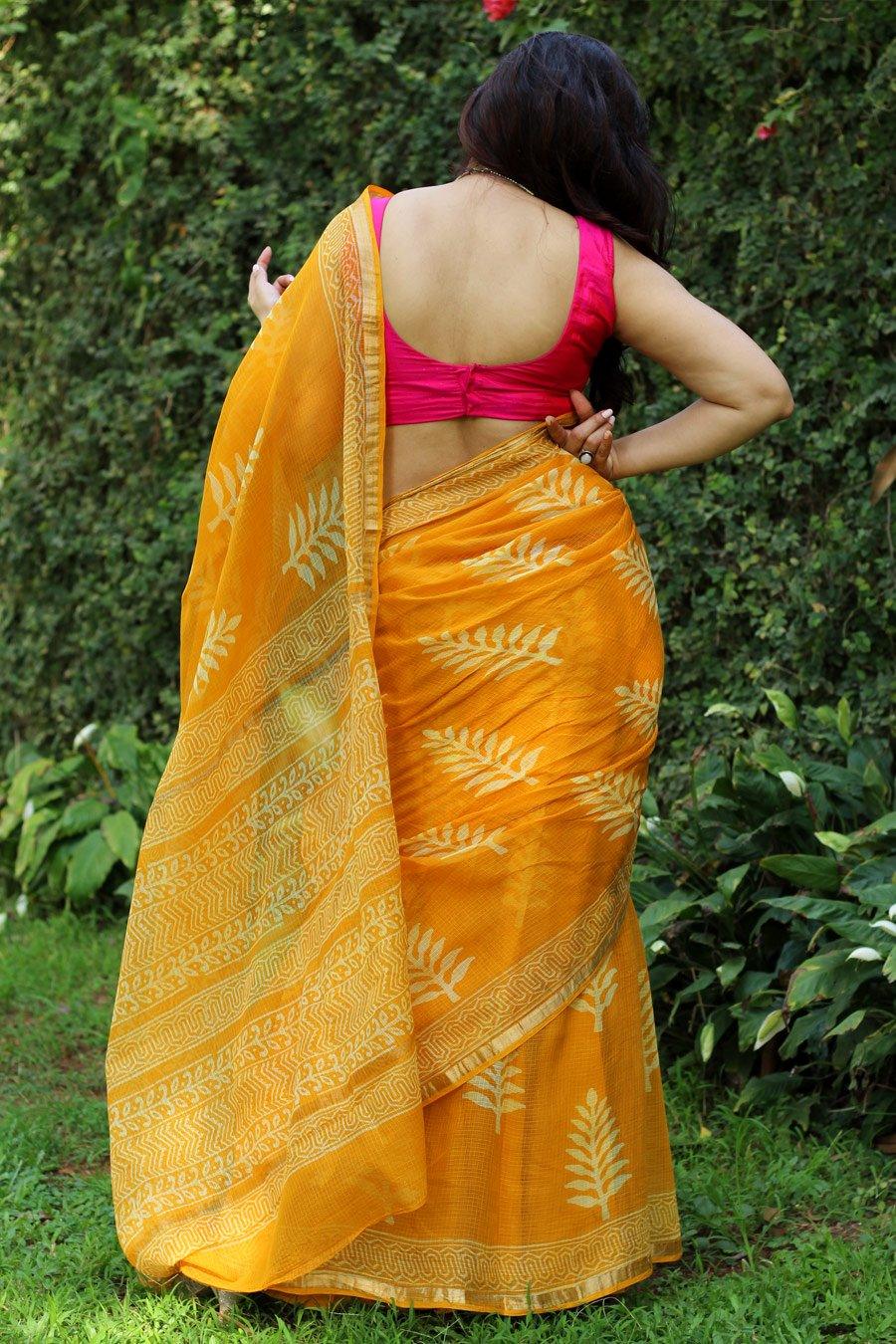 Pure linen saree in Yellow, mesmerising printed wear - Ibis Fab