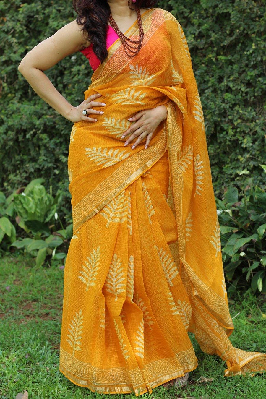 Pure linen saree in Yellow, mesmerising printed wear