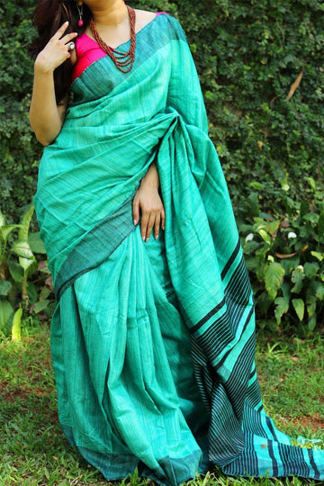 Flattering Light Blue Colored Printed Pure Linen Saree