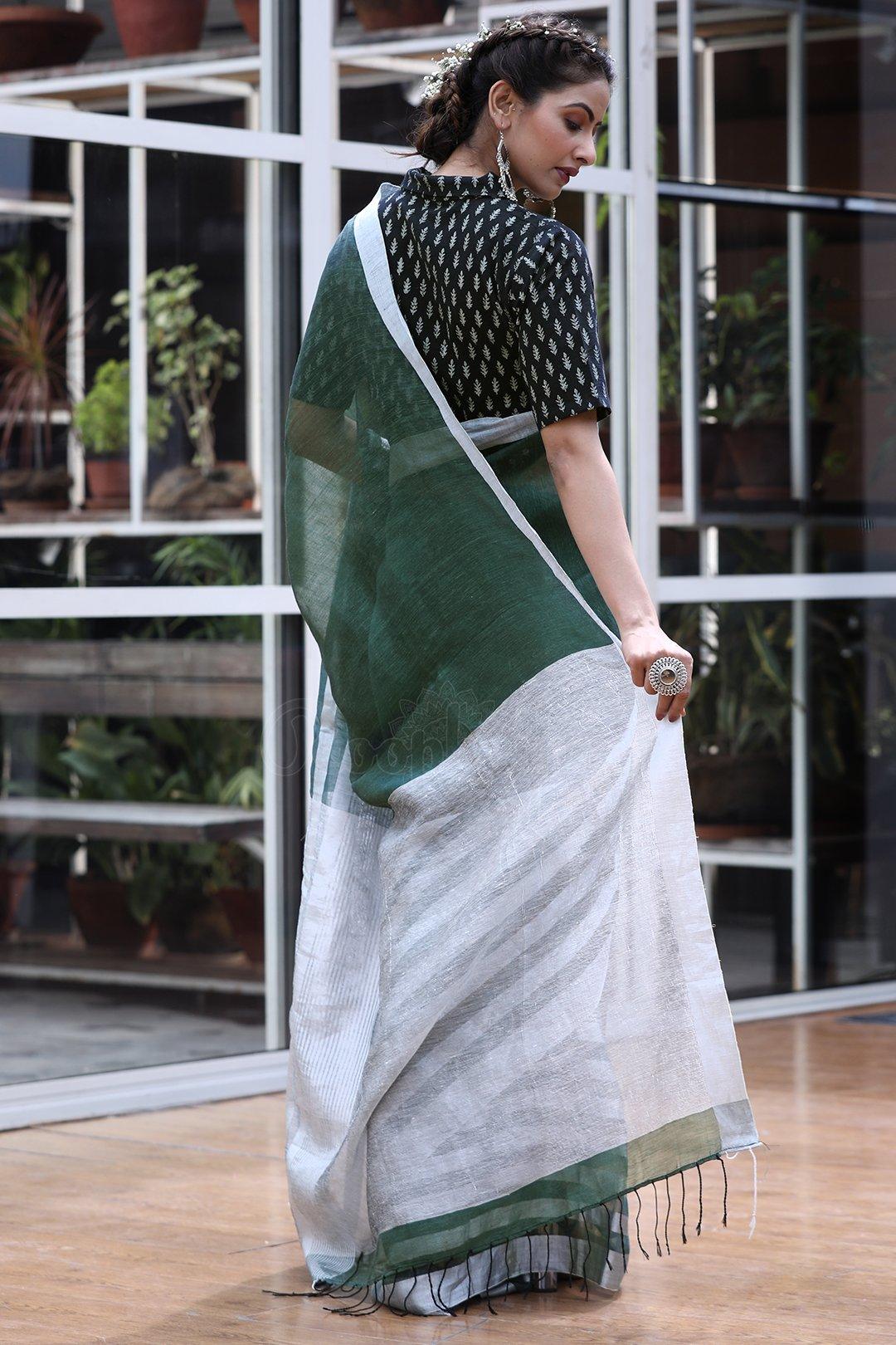 Impressive Green And White Colored Festive Wear Printed Pure Linen Saree - Ibis Fab