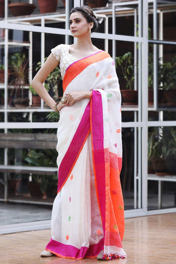 Flaunt  White And Pink Colored  Festive Wear Printed  Pure Linen Saree