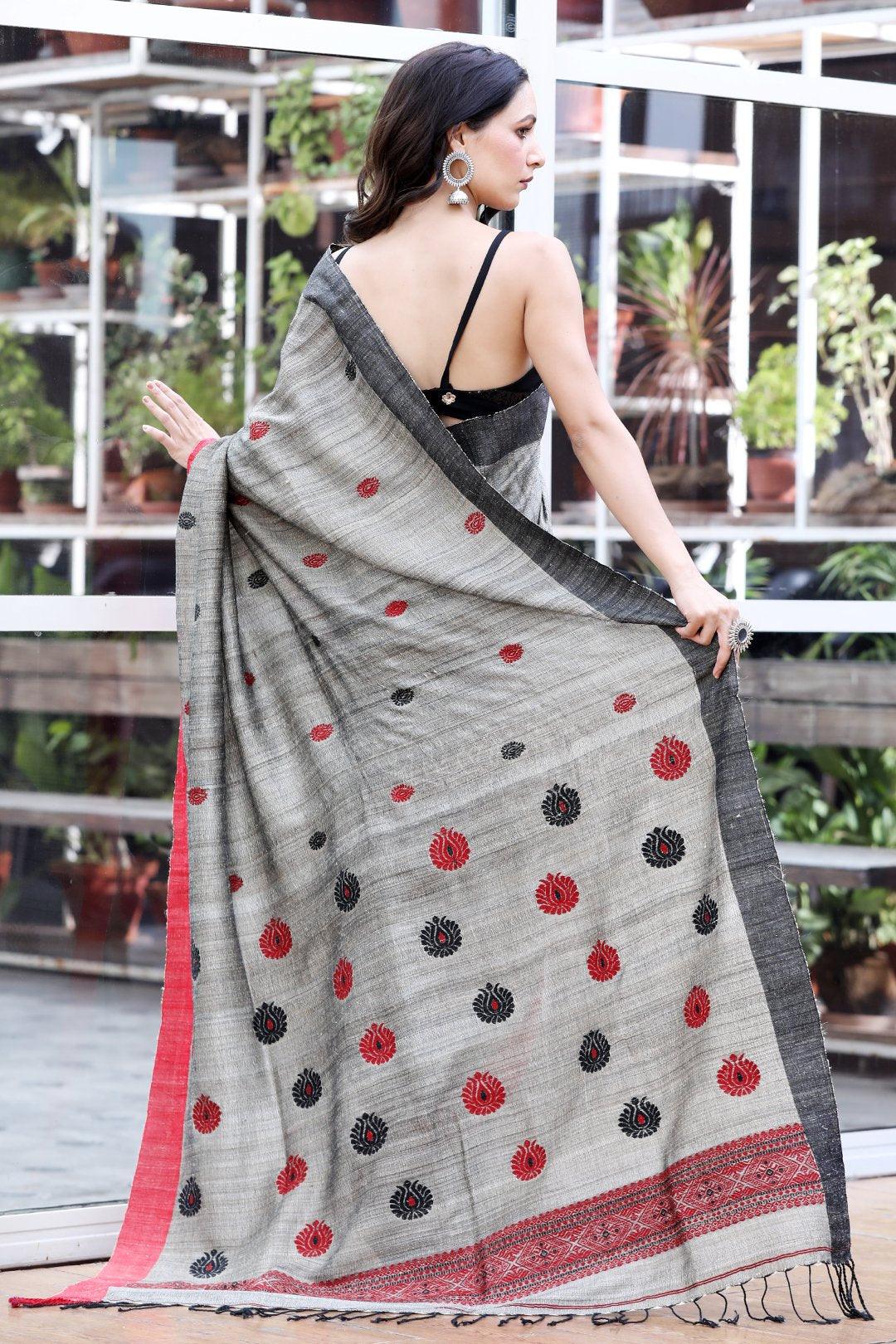 Hypnotic Grey Colored Festive Wear Printed Pure Linen Saree - Ibis Fab
