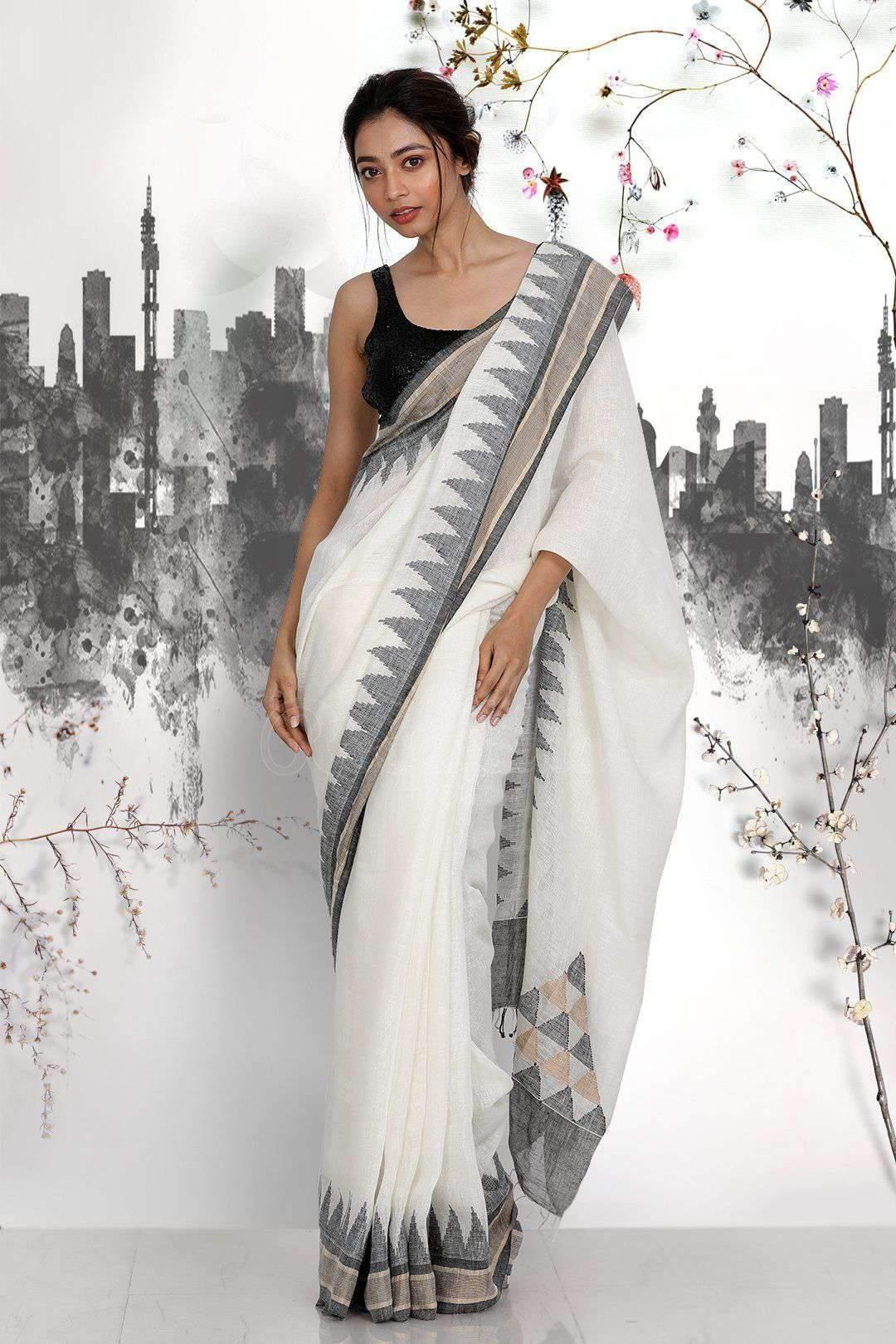 Mesmeric White Colored  Festive Wear Printed  Pure Linen Saree