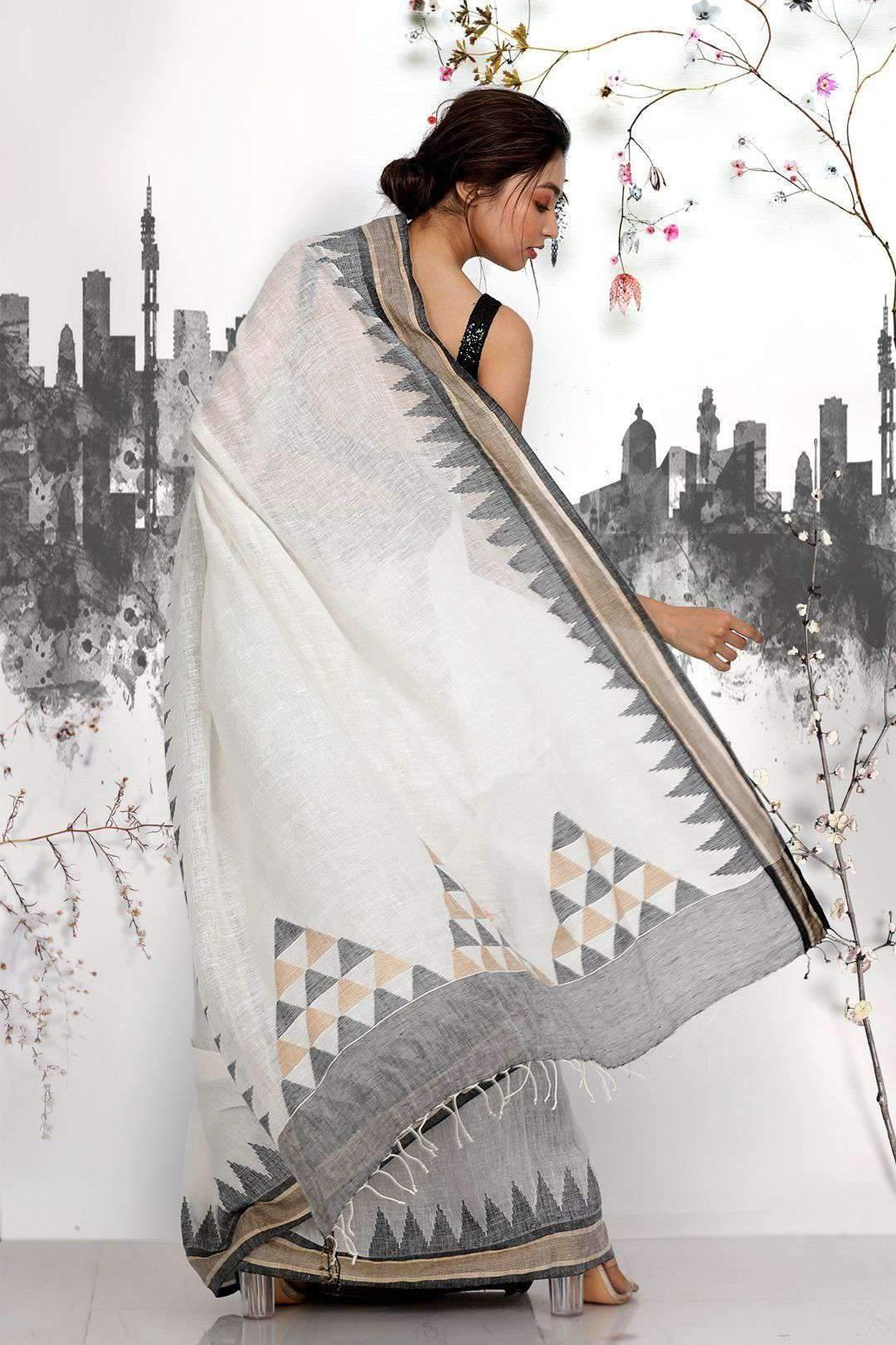 Mesmeric White Colored Festive Wear Printed Pure Linen Saree - Ibis Fab