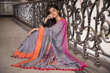 Energetic Grey Colored  Festive Wear Printed  Pure Linen Saree