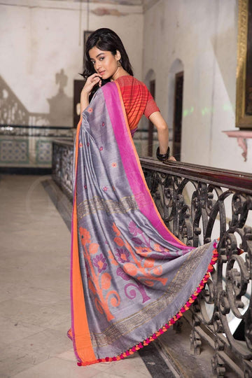 Energetic Grey Colored  Festive Wear Printed  Pure Linen Saree