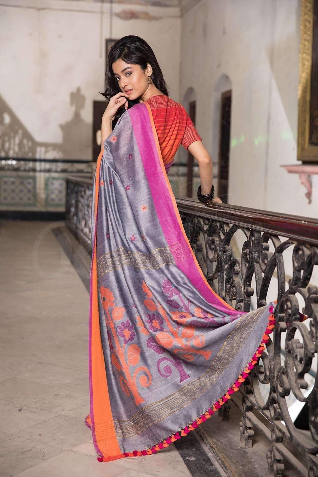 Energetic Grey Colored Festive Wear Printed Pure Linen Saree - Ibis Fab