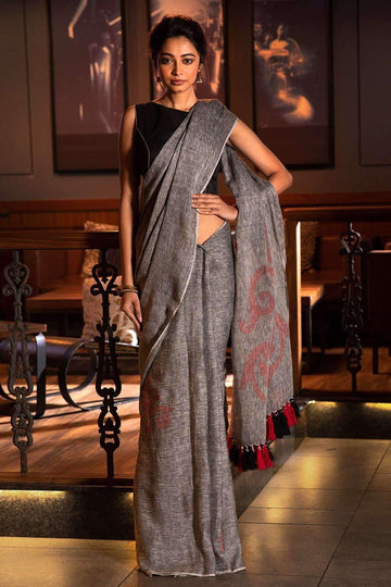 Refreshing  Grey Colored  Festive Wear Printed  Pure Linen Saree