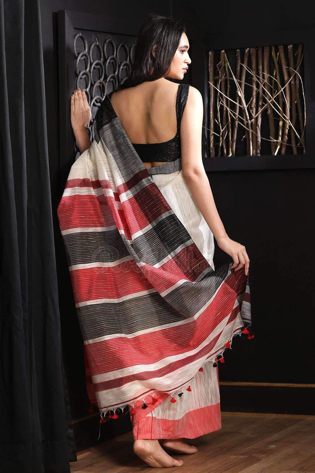 Flamboyant White And Red Colored Festive Wear Printed Pure Linen Saree - Ibis Fab