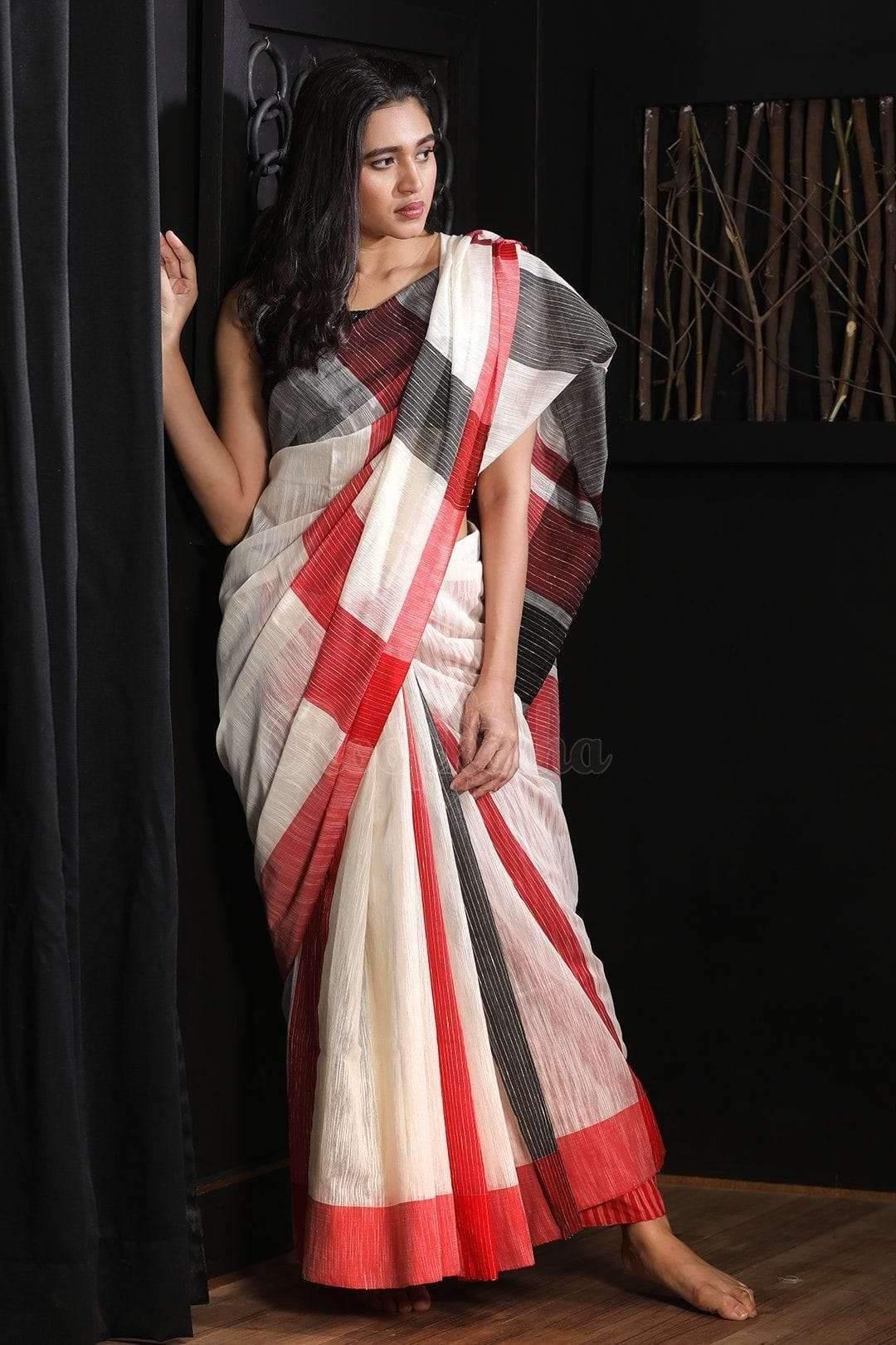 Flamboyant  White And Red Colored  Festive Wear Printed  Pure Linen Saree