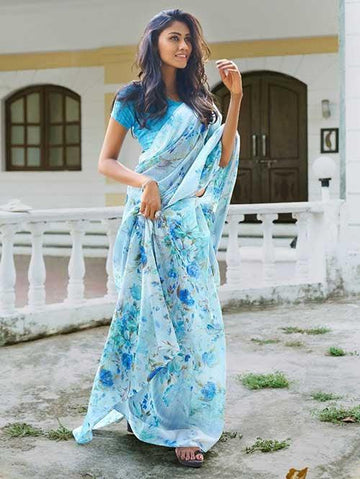 Intricate Sky Blue Colored  Festive Wear Printed  Pure Linen Saree