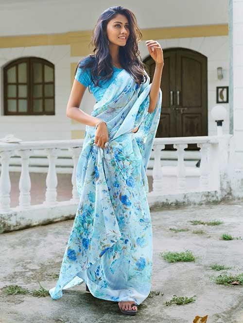 Intricate Sky Blue Colored Festive Wear Printed Pure Linen Saree - Ibis Fab