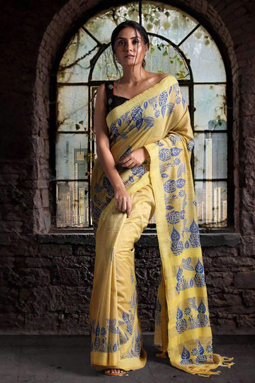 Gorgeous Yellow Colored  Festive Wear Printed  Pure Linen Saree