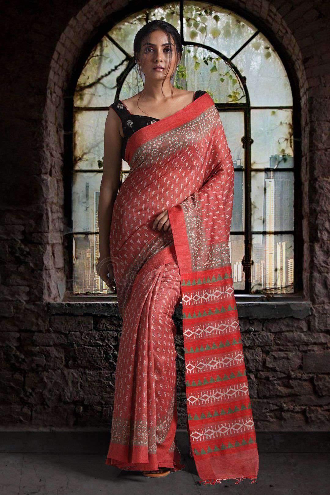 Excellent Red Colored Festive Wear Printed Pure Linen Saree - Ibis Fab