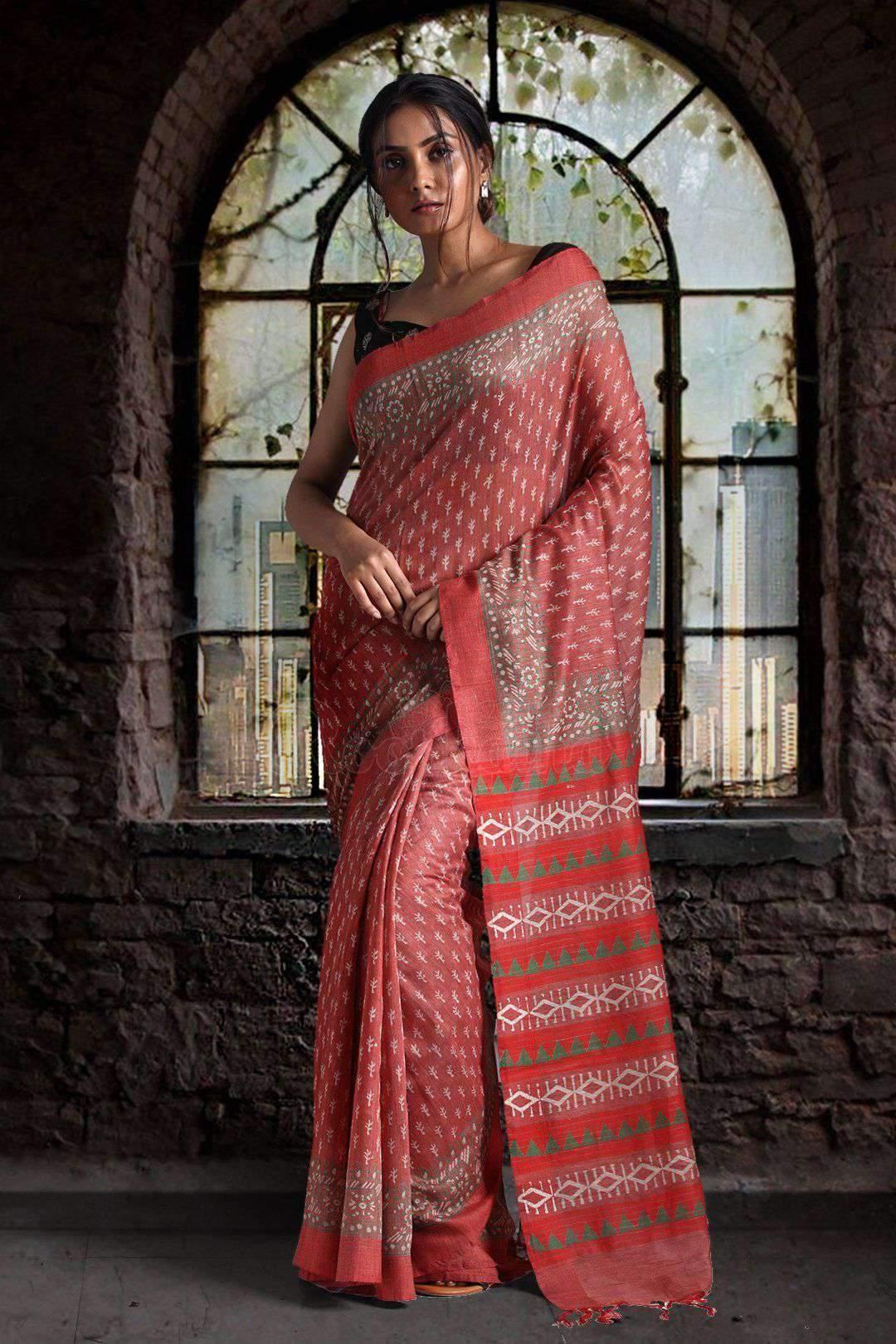 Excellent Red Colored Festive Wear Printed Pure Linen Saree - Ibis Fab