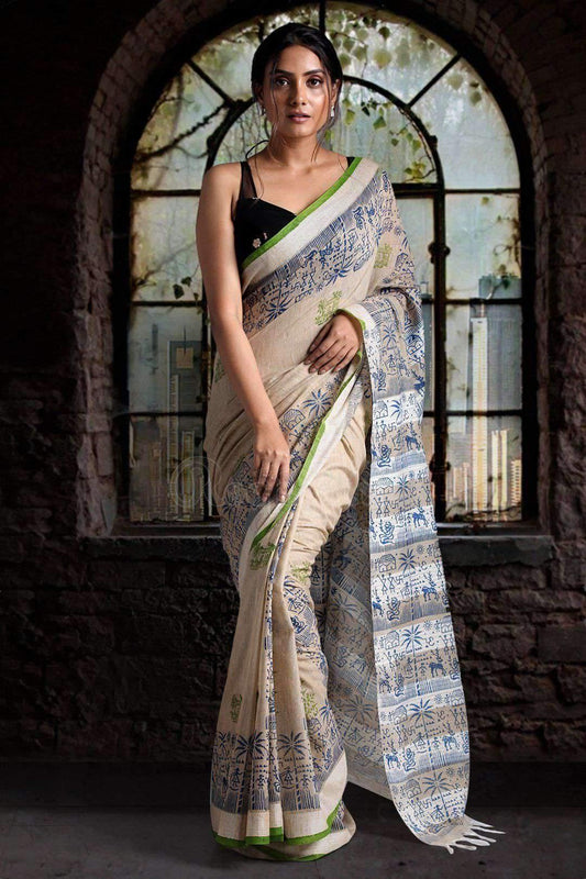 Hypnotic Beige Colored Festive Wear Printed Pure Linen Saree - Ibis Fab