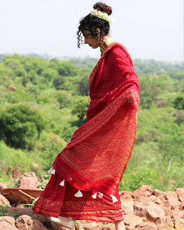 Pleasant Red Colored  Festive Wear Printed  Pure Linen Saree