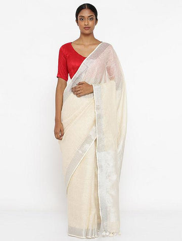 Pretty  Off White Colored  Festive Wear Printed  Pure Linen Saree