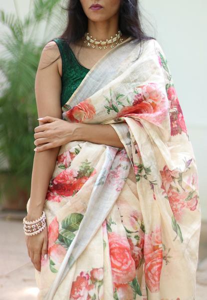 Turquoise Cream And Green Colored  Festive Wear Printed  Pure Linen Saree