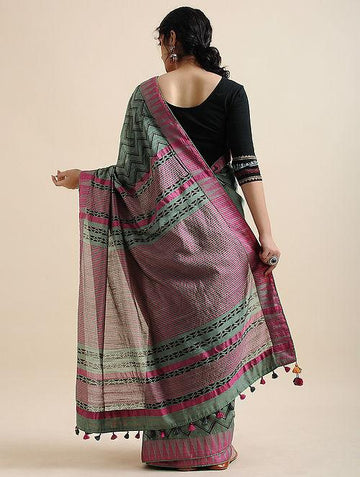 Flattering  Mint Colored  Festive Wear Printed  Pure Linen Saree