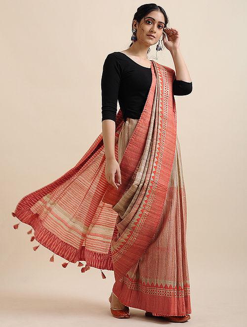 Beautiful Festive Wear Red And Cream Colored   Printed  Pure Linen Saree