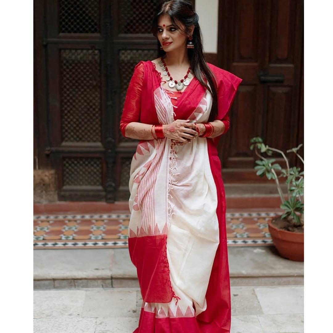 Alluring Festive Wear White Colored Printed Pure Linen Saree - Ibis Fab