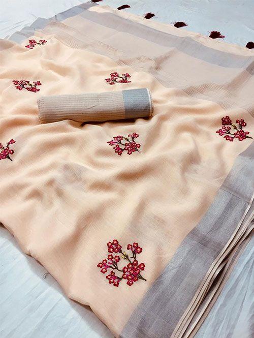 Excellent Light Beige Colored  Festive Wear Printed  Pure Linen Saree