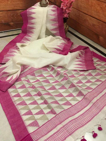 Refreshing Off White And Pink Colored  Festive Wear Printed  Pure Linen Saree