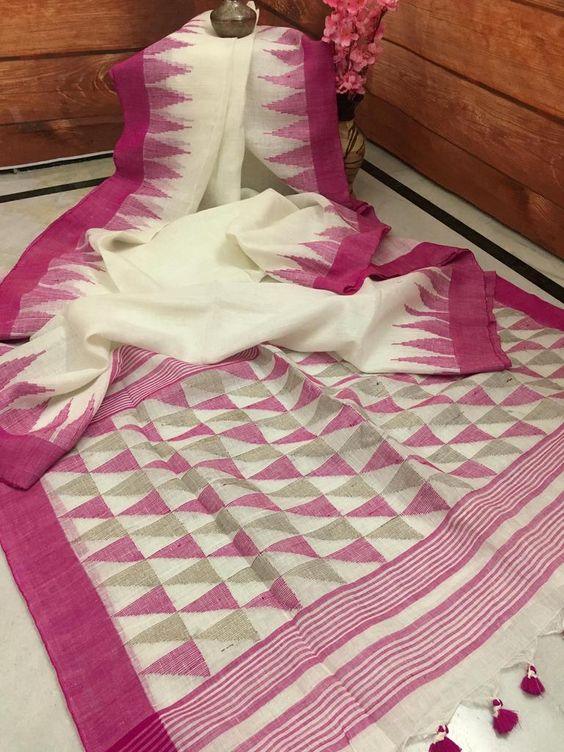 Refreshing Off White And Pink Colored Festive Wear Printed Pure Linen Saree - Ibis Fab