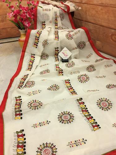 Gorgeous White Colored  Festive Wear Printed  Pure Linen Saree