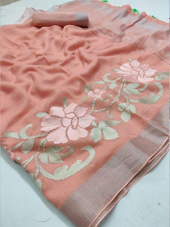 Opulent Coral Colored Festive Wear Printed Pure Linen Saree - Ibis Fab