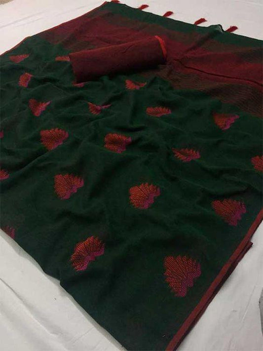 Pure linen saree in green, dazzlling printed wear - Ibis Fab
