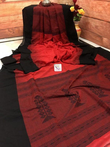 Traditional Red And Black Colored  Festive Wear Printed  Pure Linen Saree