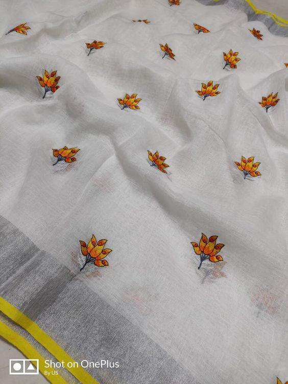 Flamboyant  White And Yellow Colored  Festive Wear Printed  Pure Linen Saree