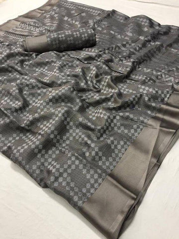 Flaunt Dark Grey Colored  Festive Wear Printed  Pure Linen Saree