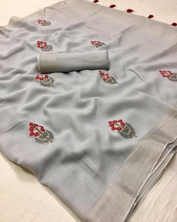 Alluring Light Grey Colored  Festive Wear Printed  Pure Linen Saree
