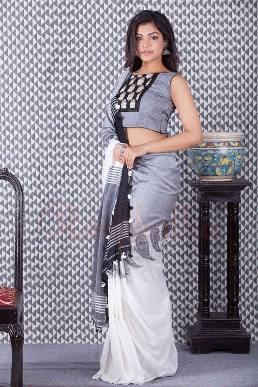 Alluring Grey Colored Festive Printed Pure Linen Saree - Ibis Fab
