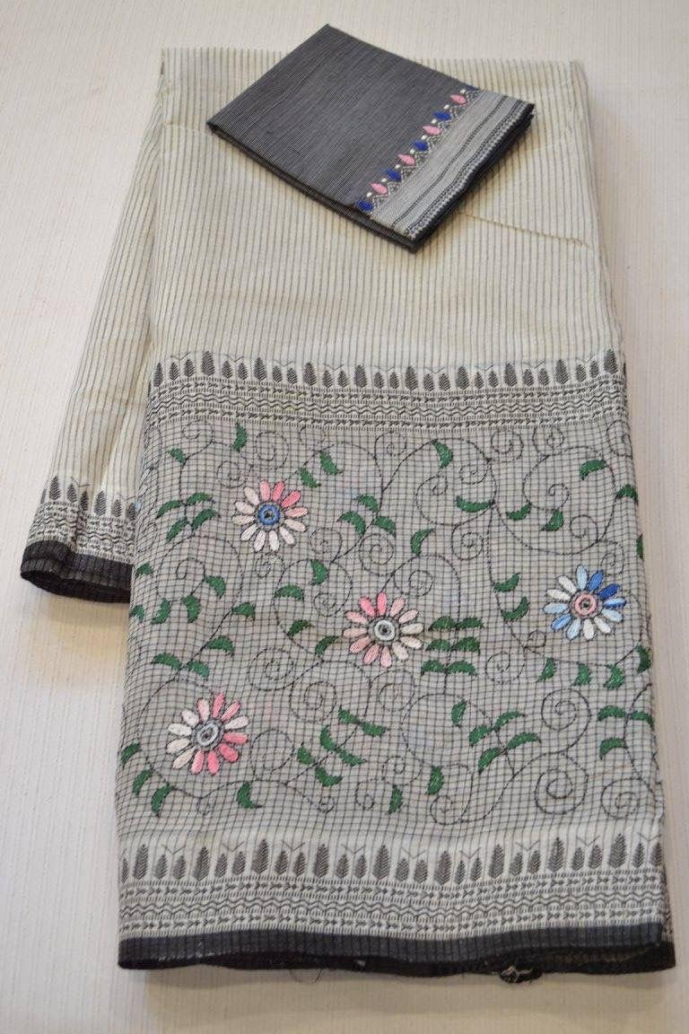 Pure linen saree printed in Light grey, marvellous festive wear