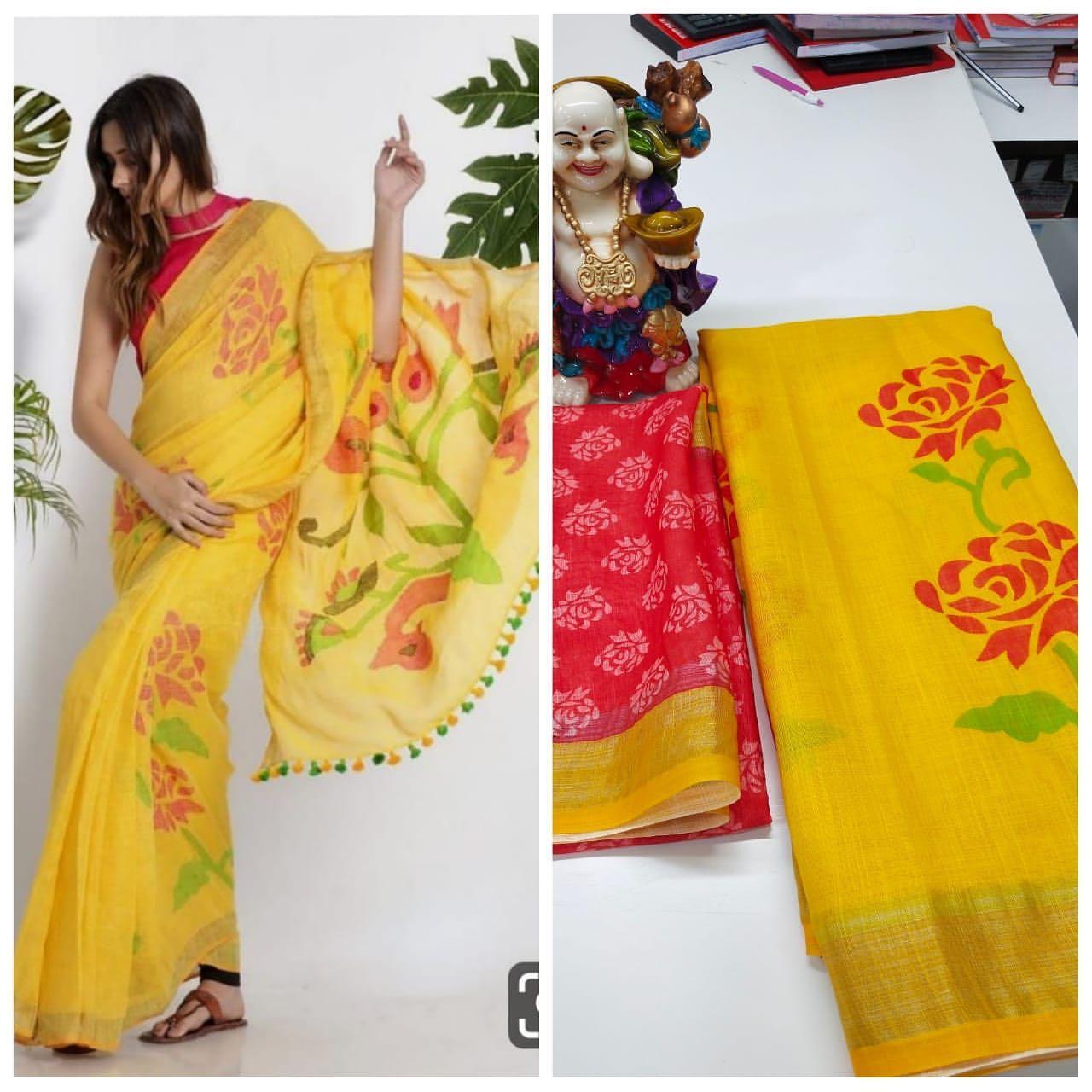 Hypnotic Yellow And Red Colored Festive Wear Printed Pure Linen Saree - Ibis Fab