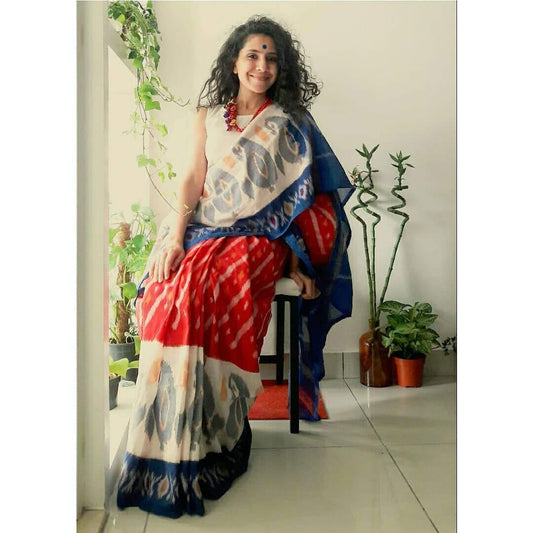 Adorable Red And White Colored Festive Wear Printed Pure Linen Saree - Ibis Fab