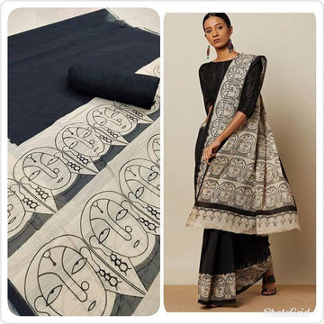 Trendy  White And Black Colored  Festive Wear Printed  Pure Linen Saree