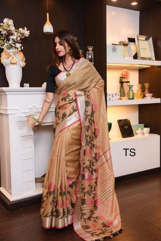 Entrancing Tan Colored Festive Wear Printed Pure Linen Saree - Ibis Fab