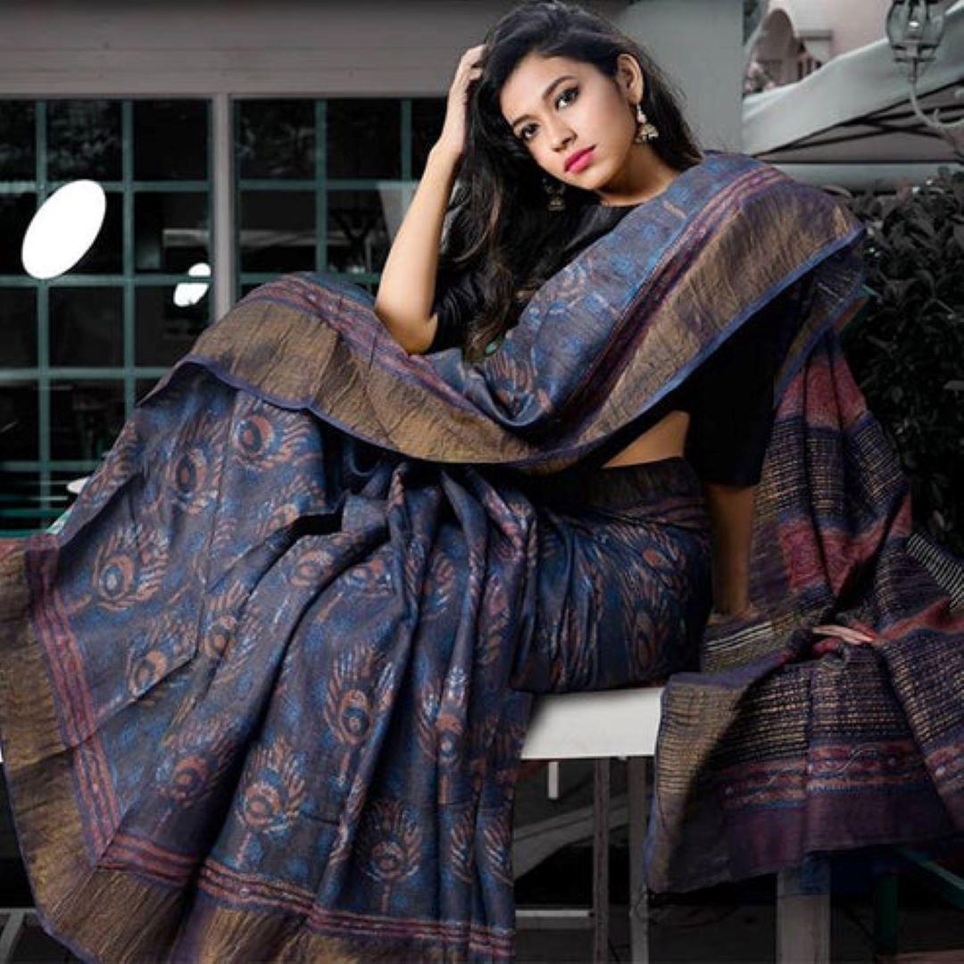Wonderful  Night Blue And Copper Colored Printed  Pure Linen Saree For Women