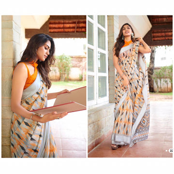 Demanding Grey And Orange Colour Printed  Pure Linen Saree For Women