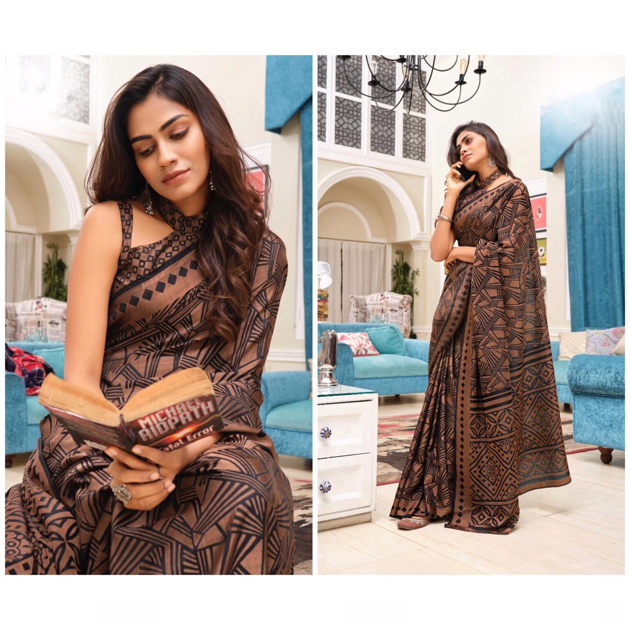 Engrossing Coffee Colour Printed  Pure Linen Saree For Women