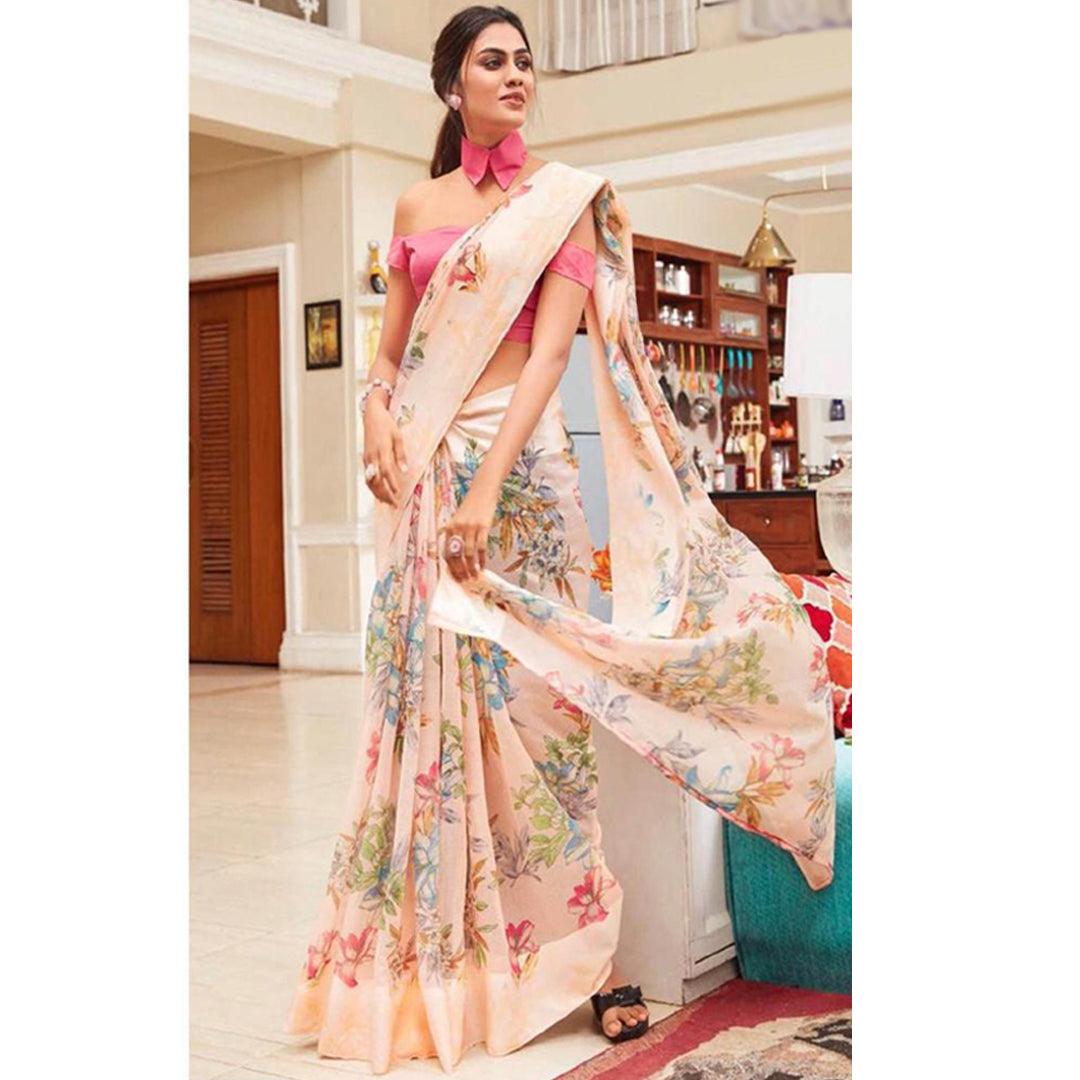 Mesmerising Beige Colour Printed Pure Linen Saree For Women - Ibis Fab